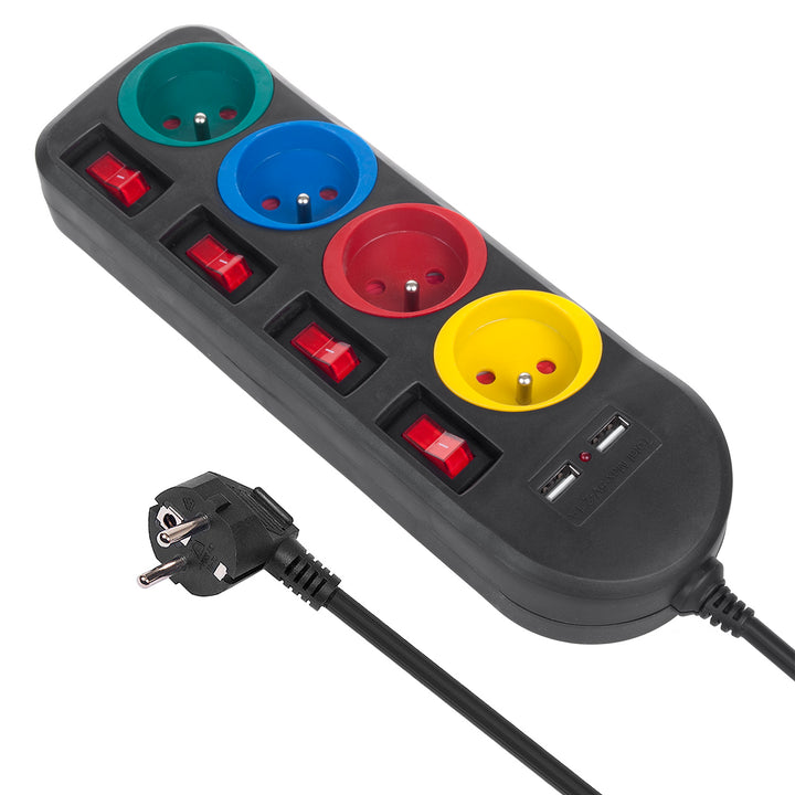 Bandă de alimentare Maclean, cablu prelungitor cu 4 prize + 2xUSB, cu întrerupătoare, 250VAC/10A, 2.1A 5V, 1.5m, alb, MCE229B + cablu USB MCE471