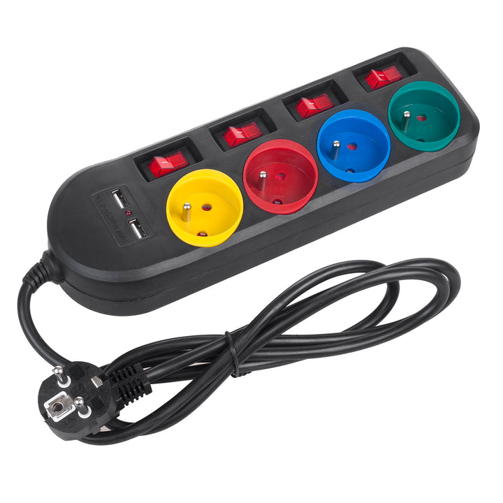 Bandă de alimentare Maclean, cablu prelungitor cu 4 prize + 2xUSB, cu întrerupătoare, 250VAC/10A, 2.1A 5V, 1.5m, alb, MCE229B + cablu USB MCE471