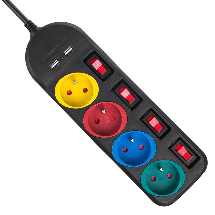 Bandă de alimentare Maclean, cablu prelungitor cu 4 prize + 2xUSB, cu întrerupătoare, 250VAC/10A, 2.1A 5V, 1.5m, alb, MCE229B + cablu USB MCE471