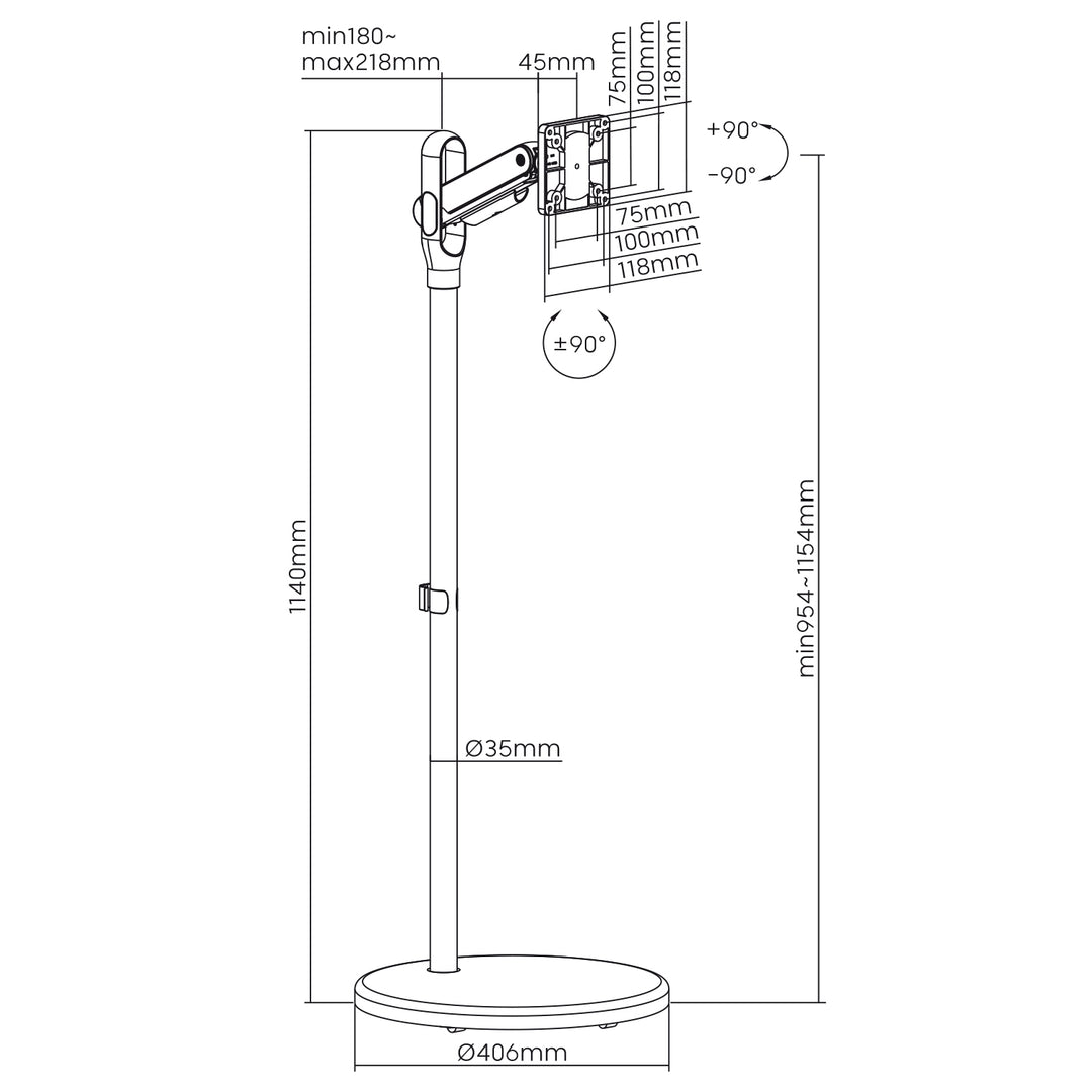 Suport mobil de podea pentru monitoare/TV, arc cu gaz, 17"-35", 2-10kg, alb