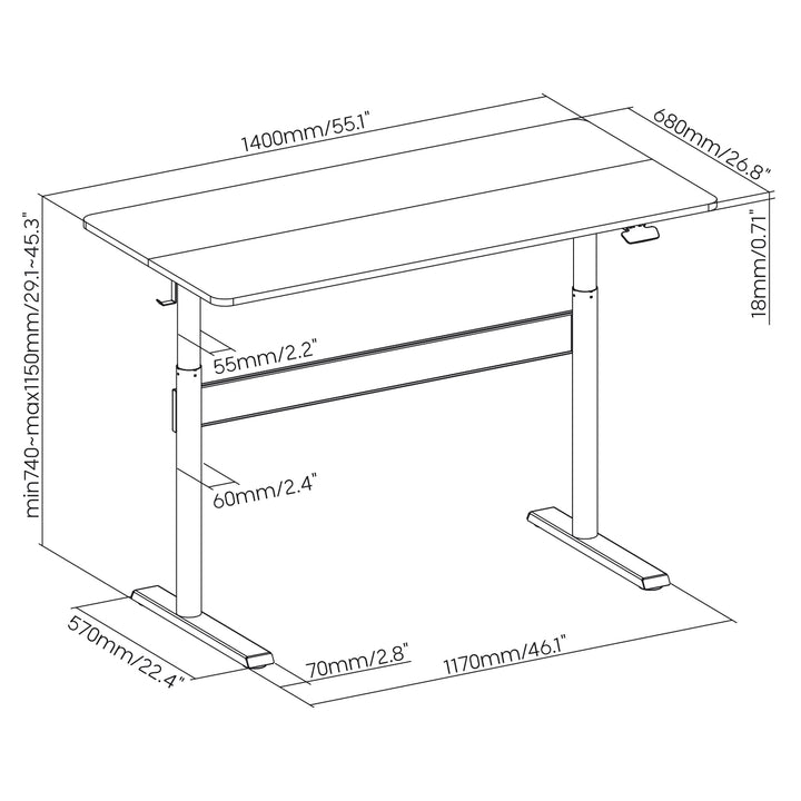 Birou de scris cu blat 140x68cm Ergo Office, cu arc cu gaz, reglabil pe înălțime maximă 115cm, ER-453