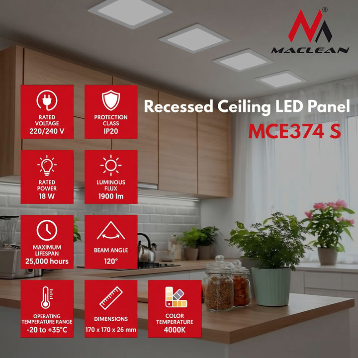 Maclean LED Plafonieră cu LED-uri, montare la culoare SLIM, 18W, alb neutru 4000K, 170*170*26mm, 1900lm, MCE374 S