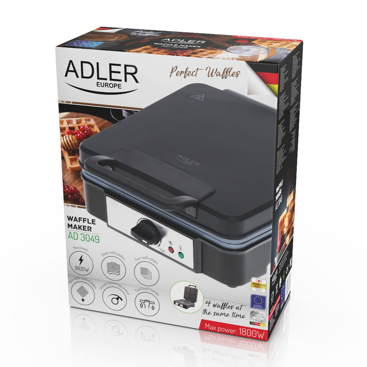 Aparat de făcut vafe Adler, pentru 4 vafe, control al temperaturii, 1800 W, AD 3049