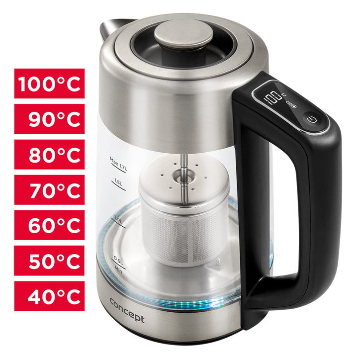Ceainic electric Concept de sticlă de 1,7 l cu control al temperaturii și filtru de apă RK4190