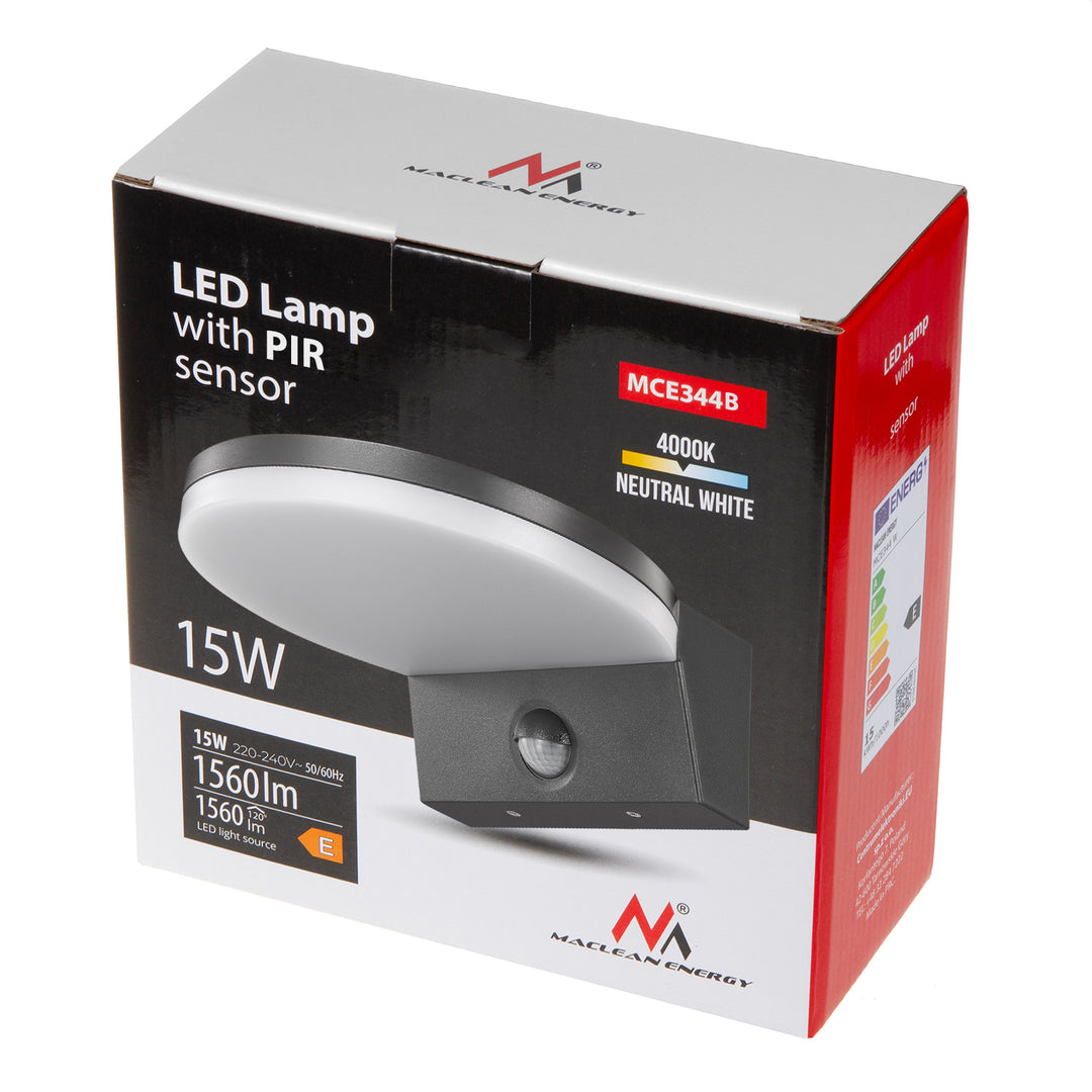 Lampă cu LED Maclean, senzor de mișcare PIR, negru, 15W, alb neutru (4000K)