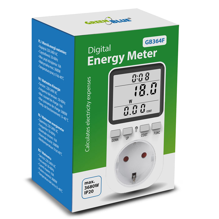 Contor de energie GreenBlue, wattmetru, tip F, 220-240V AC, 50Hz, sarcină max. 16A, IP20, baterie încorporată, GB364 F