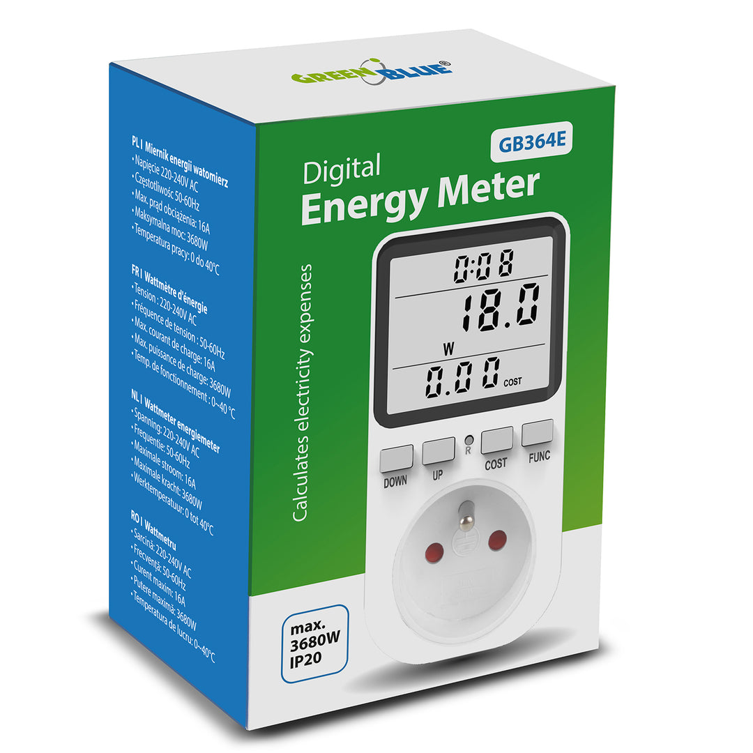 Contor de energie GreenBlue, wattmetru, tip E, 220-240V AC, 50Hz, sarcină max. 16A, IP20, baterie încorporată, GB364 E