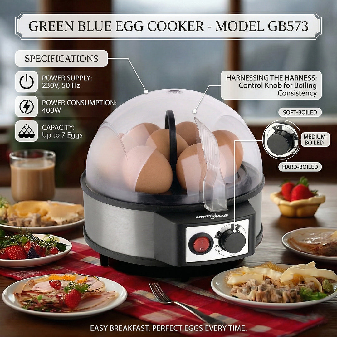Aparat automat de gătit ouă GreenBlue, putere 400 W, până la 7 ouă, pahar de măsurare, 220-240V~, 50 Hz, GB573