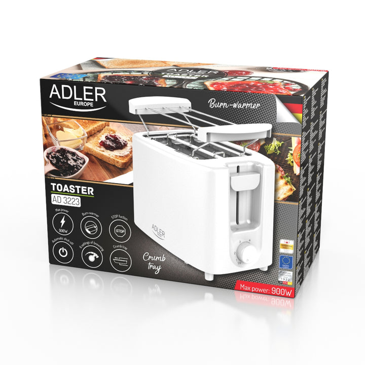 Prăjitor de pâine Adler, 6 nivele de reglare, grătar pentru chifle, 900 W, alb, AD 3223