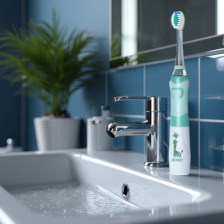 Periuță de dinți sonică pentru copii SEAGO, culoare verde, 1xAA 1.5V (nu este inclus), 3 vârfuri, SG-977 Green