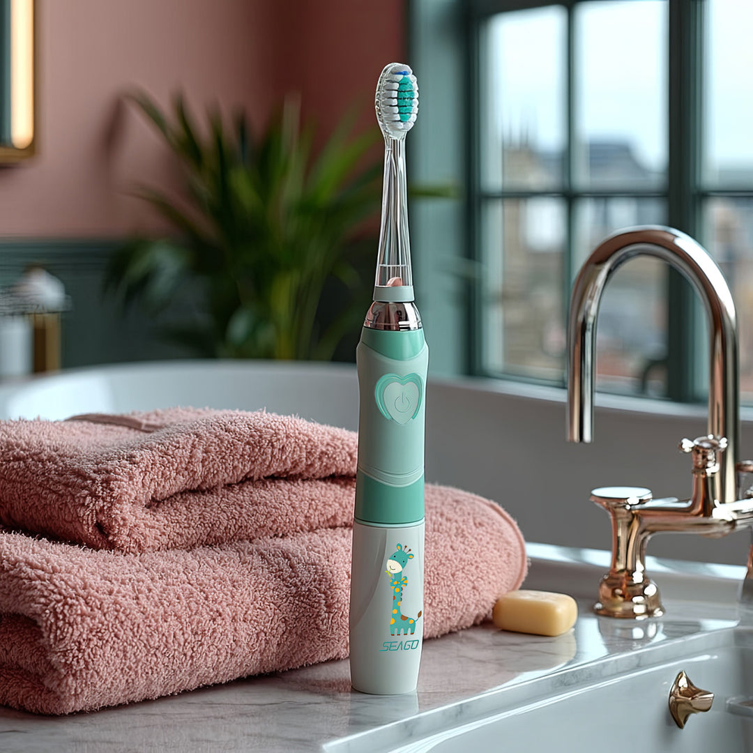 Periuță de dinți sonică pentru copii SEAGO, culoare verde, 1xAA 1.5V (nu este inclus), 3 vârfuri, SG-977 Green