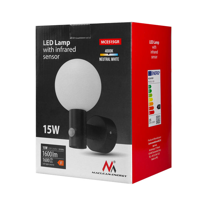 Lampa de perete Maclean MCE515 GR PIR cu senzor de mișcare LED, negru, 15W, IP65, 1600lm, 4000K