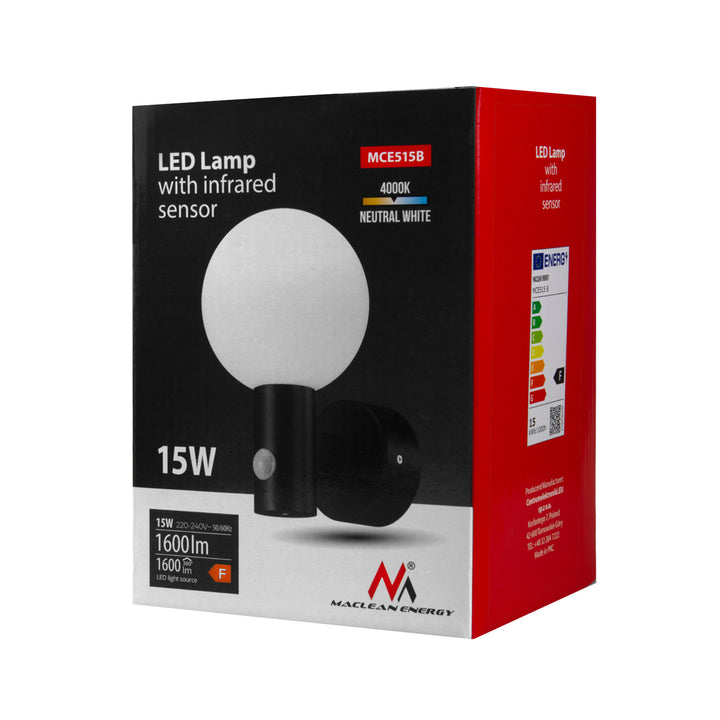 Lampa de perete Maclean MCE 515 B PIR cu senzor de mișcare LED, negru, 15W, IP65, 1600lm, 4000K