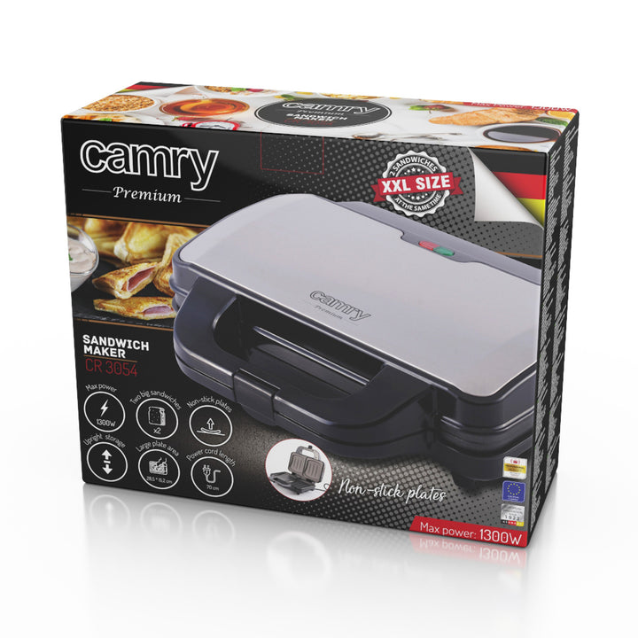 Aparat de făcut sandvișuri Camry, pentru 2 sandvișuri, putere maximă 1300 W, acoperire antiaderentă, CR 3054