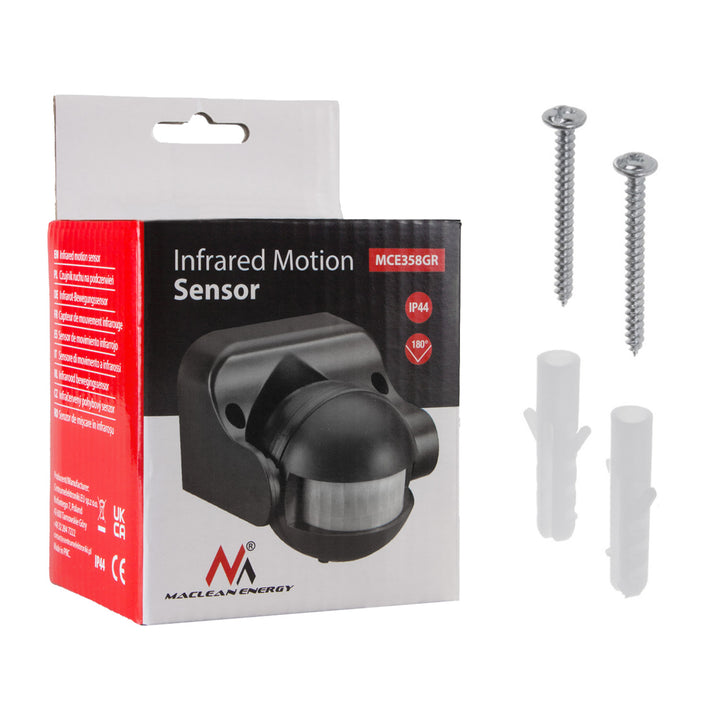 Senzor de miscare PIR cu infrarosu, Maclean MCE358 GR, IP44, 12 m, 1200W, antracit