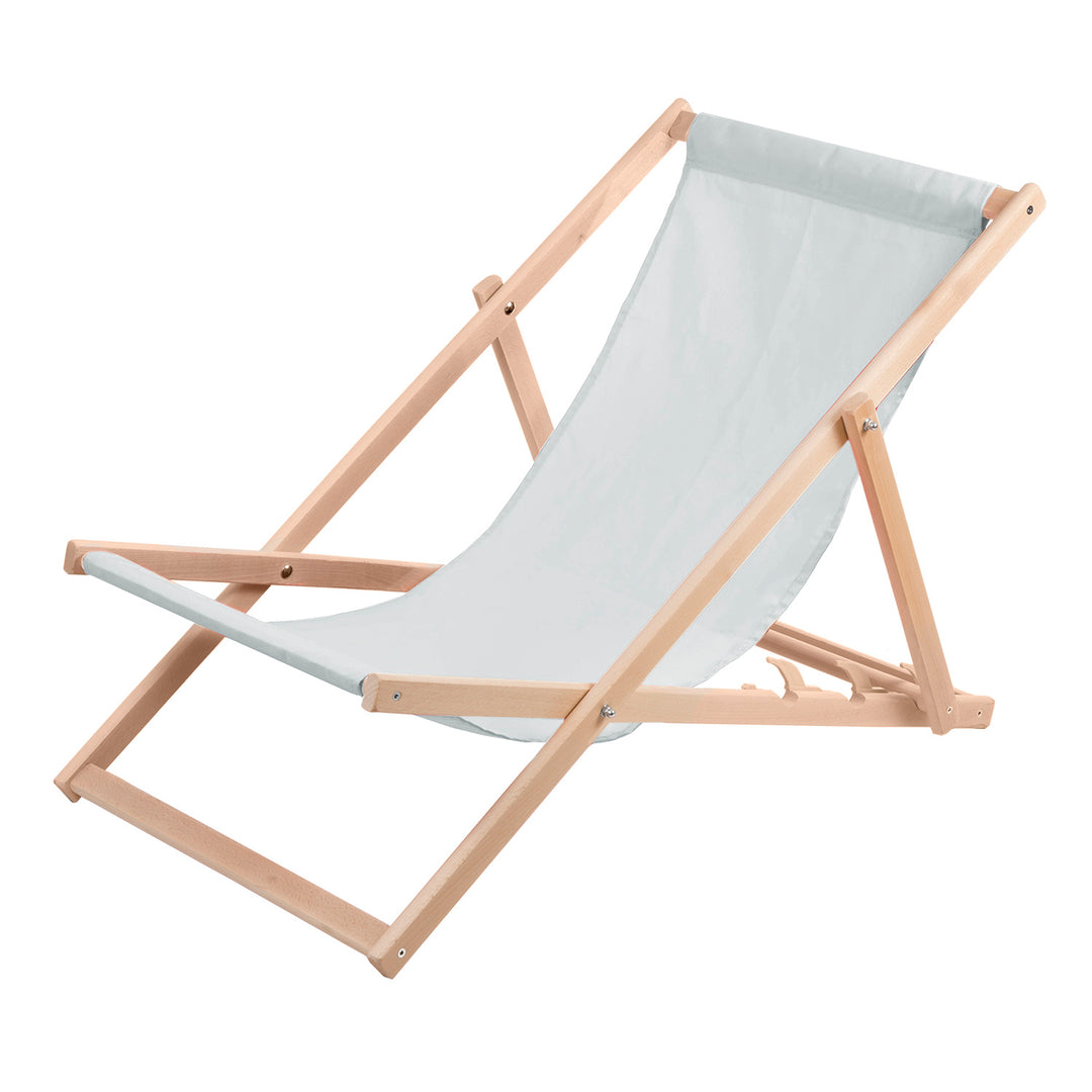 2 șezlonguri confortabile din lemn, de culoare cenușie deschisă, ideale pentru plajă, balcon, terasă
