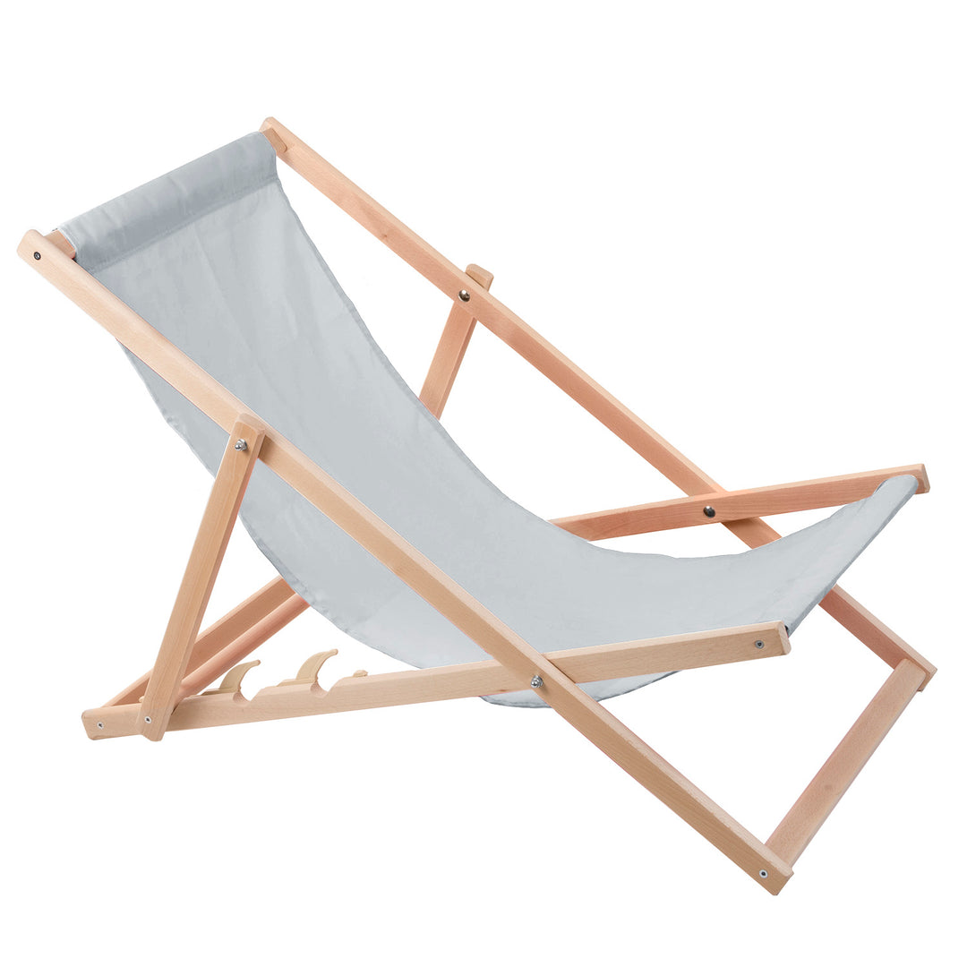 2 șezlonguri confortabile din lemn, de culoare cenușie deschisă, ideale pentru plajă, balcon, terasă