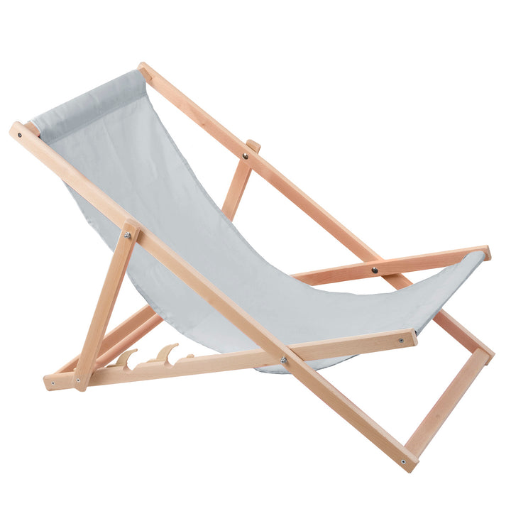 2 șezlonguri confortabile din lemn, de culoare cenușie deschisă, ideale pentru plajă, balcon, terasă