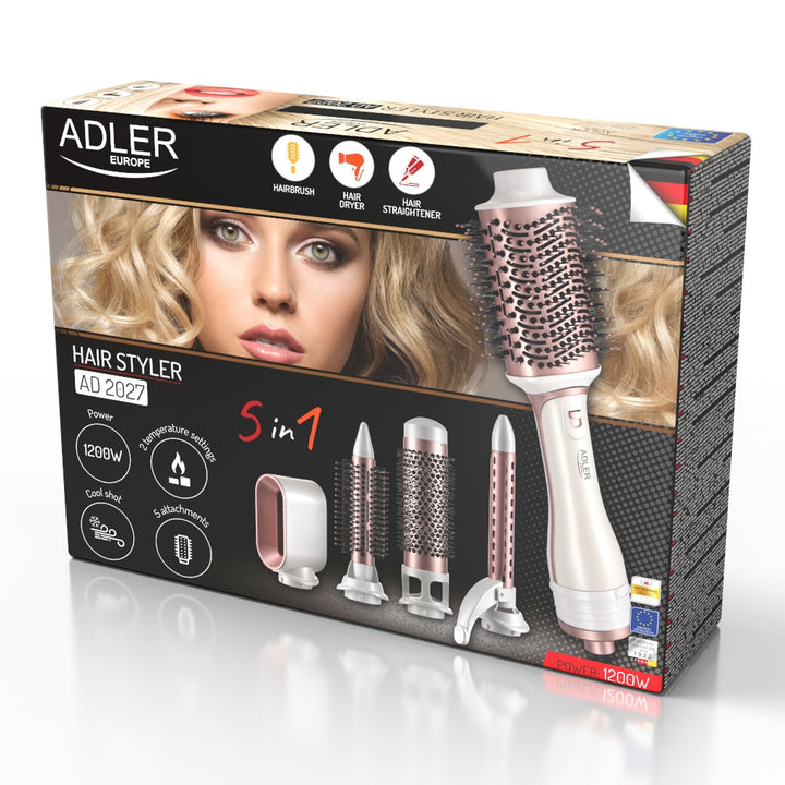 Ondulator de par Adler 5-in-1, functie de uscător, 1200W, 5 atașamente, AD 2027