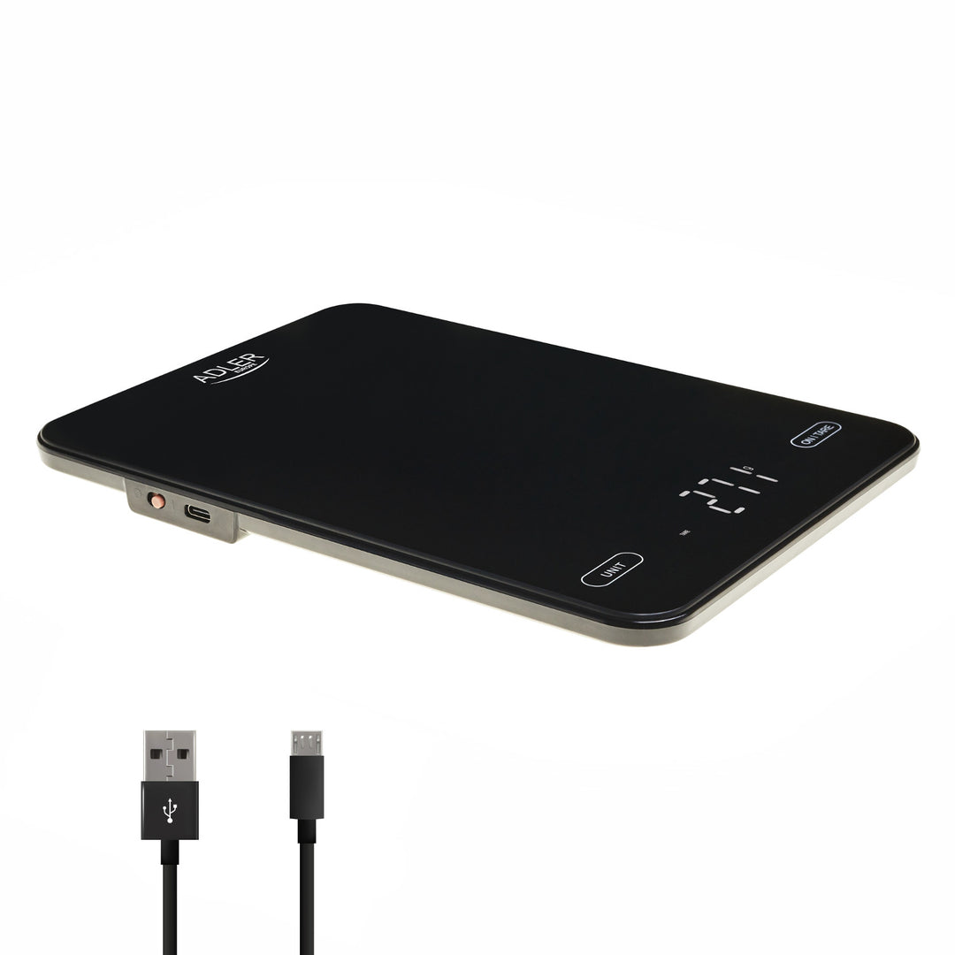 Cântar de bucătărie, Adler, negru, 10 kg, reîncărcabil prin USB, AD 3177