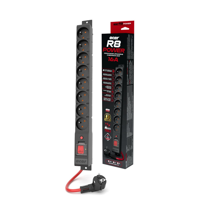 Bandă de protecție la supratensiune Acar, 16A, 3680W, 3m, negru, R8 POWER