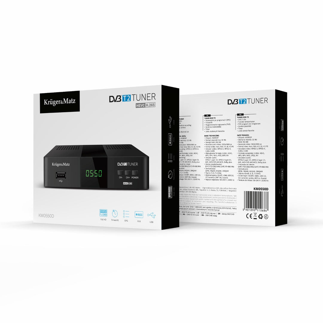 Decodor DVB-T2 KM0550D cu tuner, H.265, HEVC, EPG, PVR și Timeshift – Kruger&Matz