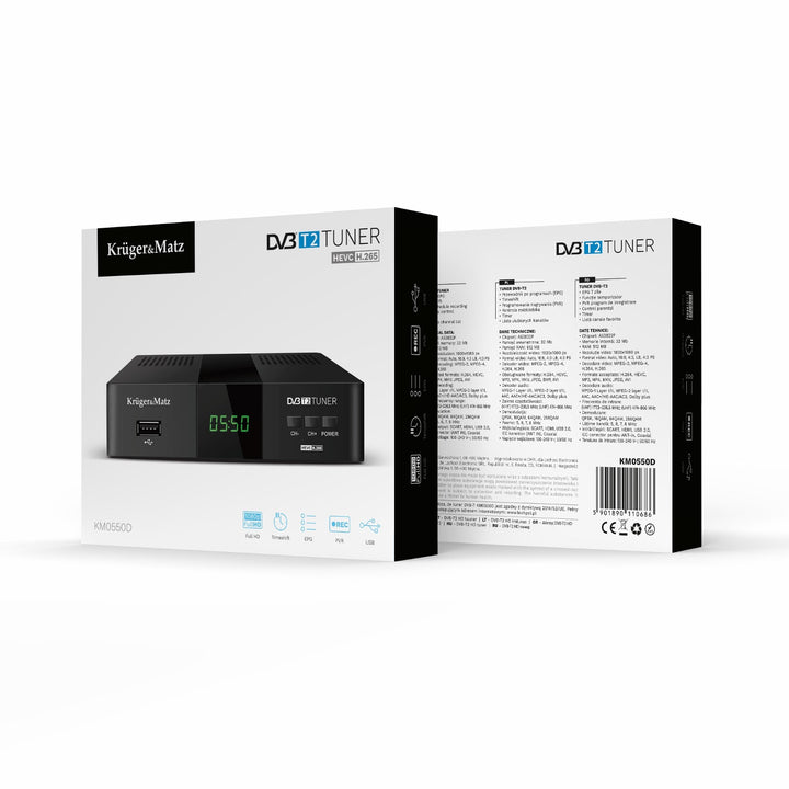Decodor DVB-T2 KM0550D cu tuner, H.265, HEVC, EPG, PVR și Timeshift – Kruger&Matz