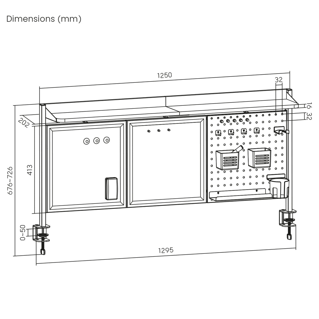Separator de birou / organizator Ergo Office, sarcină max. 10kg, alb și tablă de plută, lățime 1250mm, negru,ER-300 B