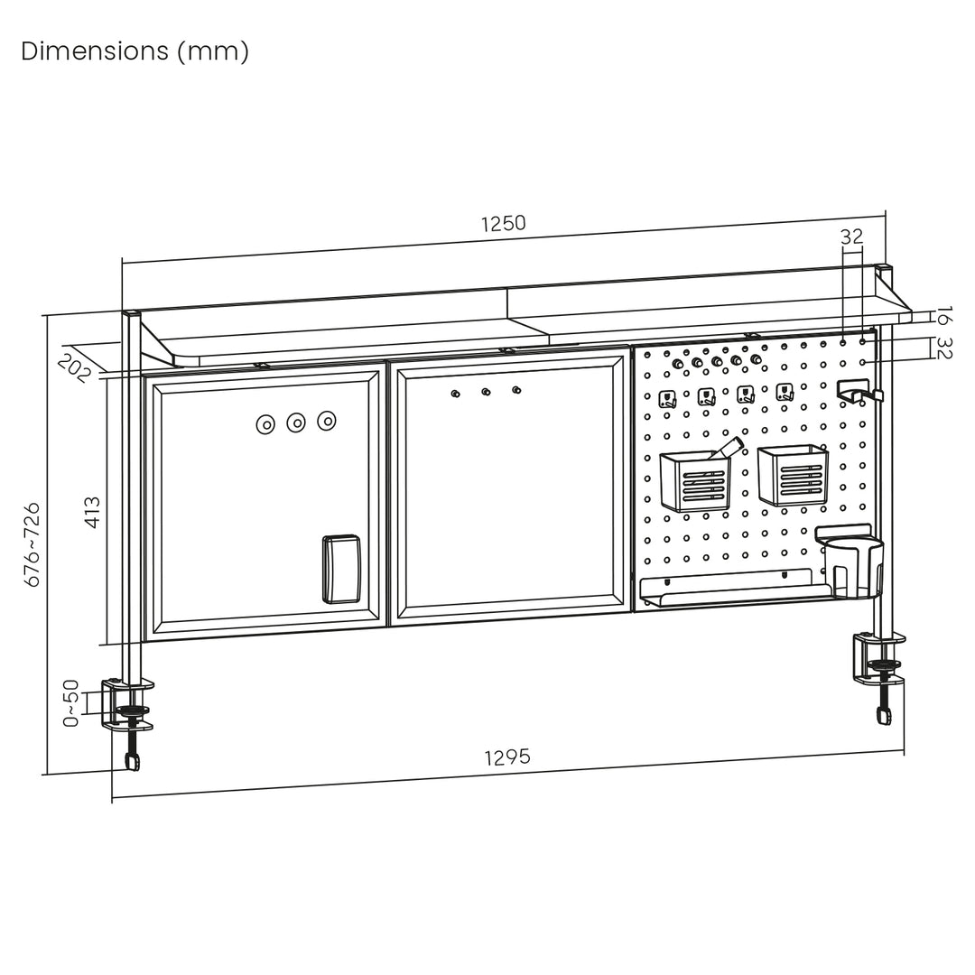 Separator de birou / organizator Ergo Office, sarcină max. 10kg, alb și tablă de plută, lățime 1250mm, alb, ER-300 W