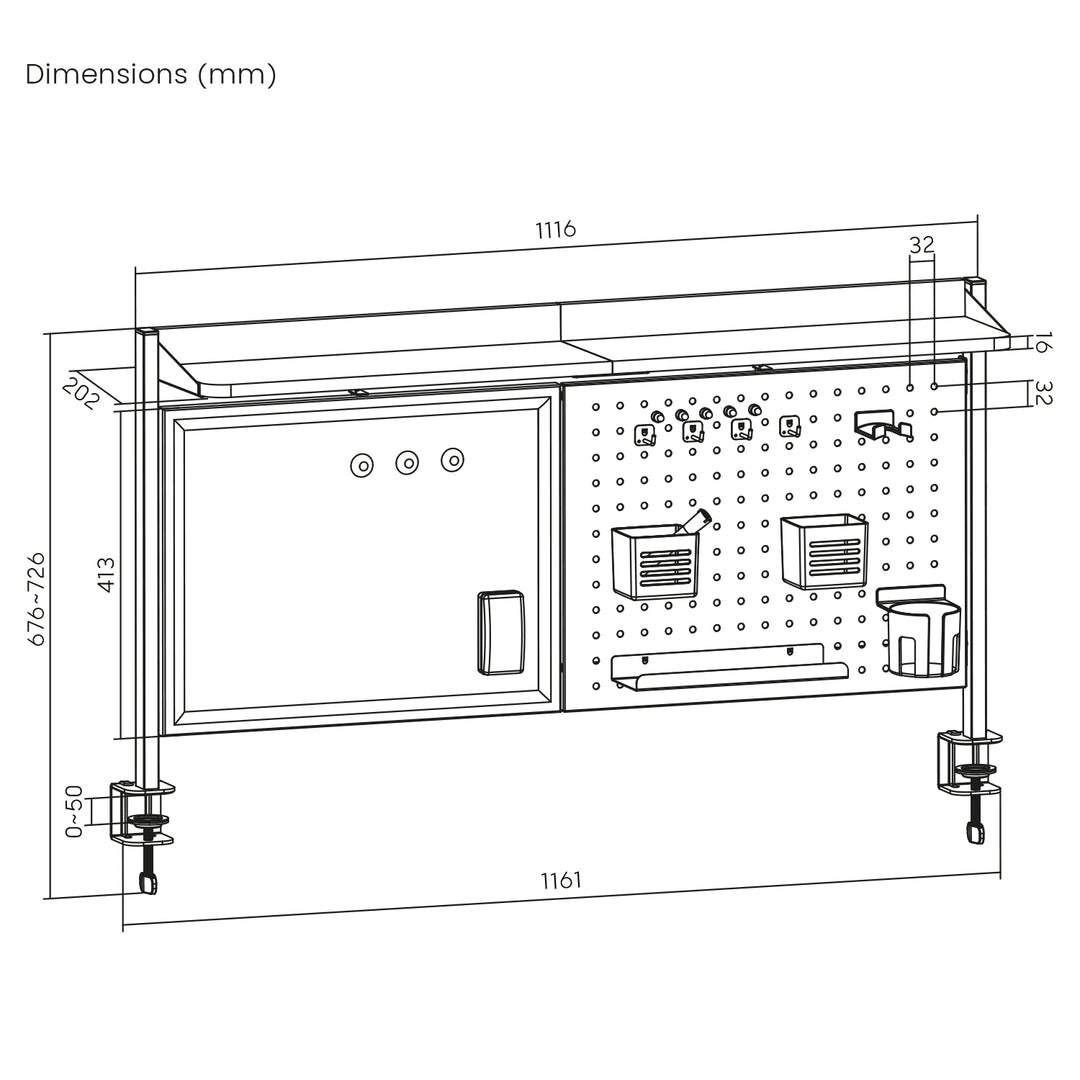 Separator de birou / organizator Ergo Office, încărcare max. 10kg, tablă albă, lățime 1116mm, negru, ER-301 B