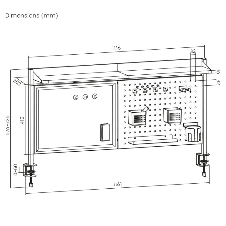 Separator de birou / organizator Ergo Office, încărcare max. 10kg, tablă albă, lățime 1116mm, negru, ER-301 B