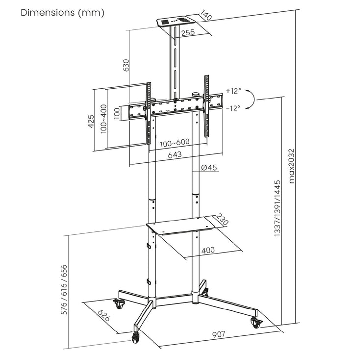 Maclean TV stand / cărucior, raft cameră, pe roți, 37-70", încărcare max. 45kg/5kg raft, max. VESA 600x400, MC-113 B
