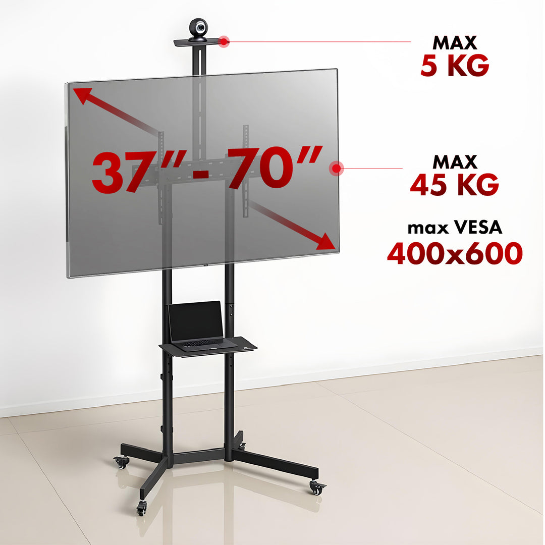 Maclean TV stand / cărucior, raft cameră, pe roți, 37-70", încărcare max. 45kg/5kg raft, max. VESA 600x400, MC-113 B