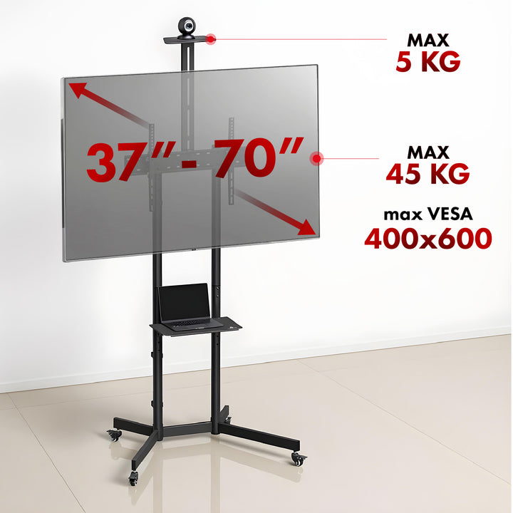 Maclean TV stand / cărucior, raft cameră, pe roți, 37-70", încărcare max. 45kg/5kg raft, max. VESA 600x400, MC-113 B