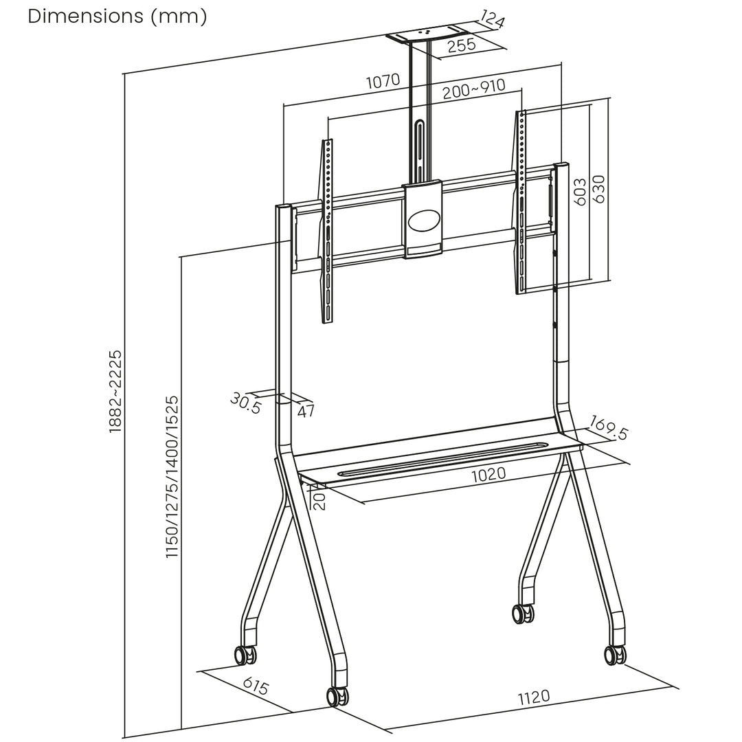 Maclean TV stand / cărucior, raft cameră, pe roți, 55-100", încărcare max. 120kg/10kg raft, max. VESA 900x600, negru, MC-114 B