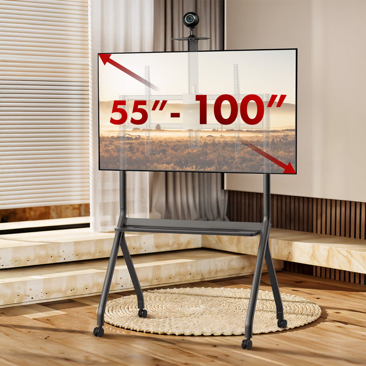 Maclean TV stand / cărucior, raft cameră, pe roți, 55-100", încărcare max. 120kg/10kg raft, max. VESA 900x600, negru, MC-114 B
