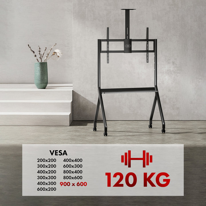 Maclean TV stand / cărucior, raft cameră, pe roți, 55-100", încărcare max. 120kg/10kg raft, max. VESA 900x600, negru, MC-114 B