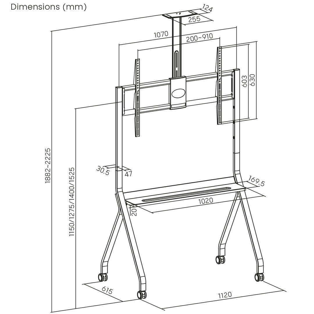 Maclean TV stand / cărucior, raft cameră, pe roți, 55-100", încărcare max. 120kg/10kg raft, max. VESA 900x600, alb, MC-114 W
