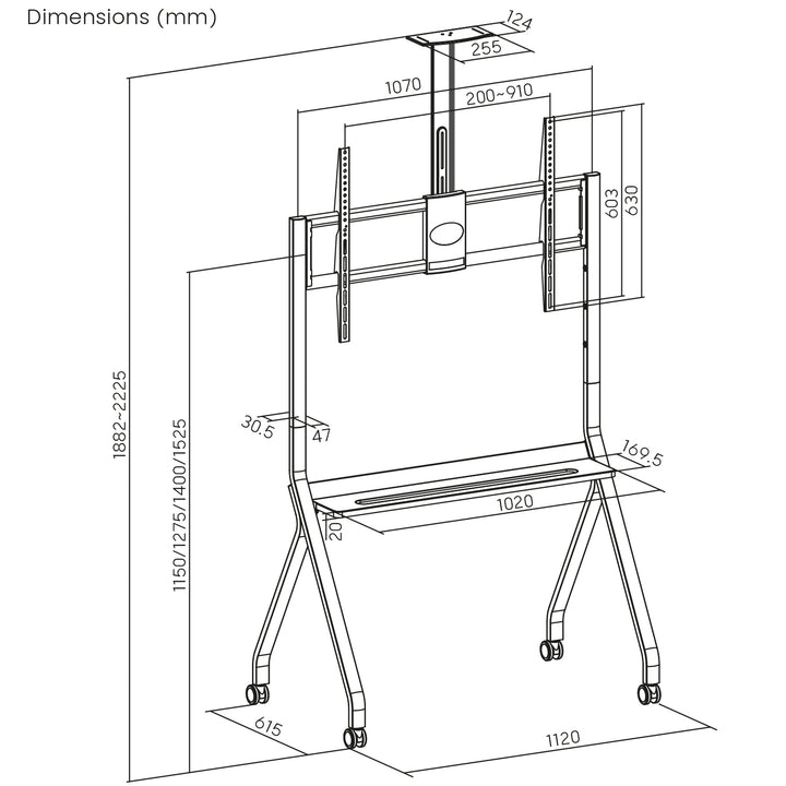 Maclean TV stand / cărucior, raft cameră, pe roți, 55-100", încărcare max. 120kg/10kg raft, max. VESA 900x600, alb, MC-114 W