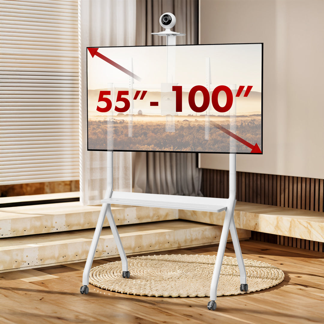 Maclean TV stand / cărucior, raft cameră, pe roți, 55-100", încărcare max. 120kg/10kg raft, max. VESA 900x600, alb, MC-114 W