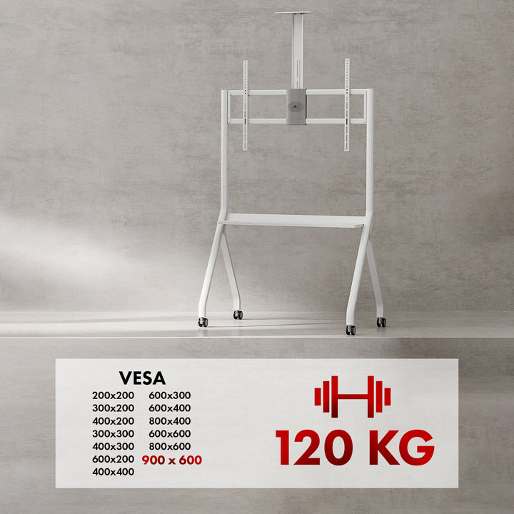 Maclean TV stand / cărucior, raft cameră, pe roți, 55-100", încărcare max. 120kg/10kg raft, max. VESA 900x600, alb, MC-114 W