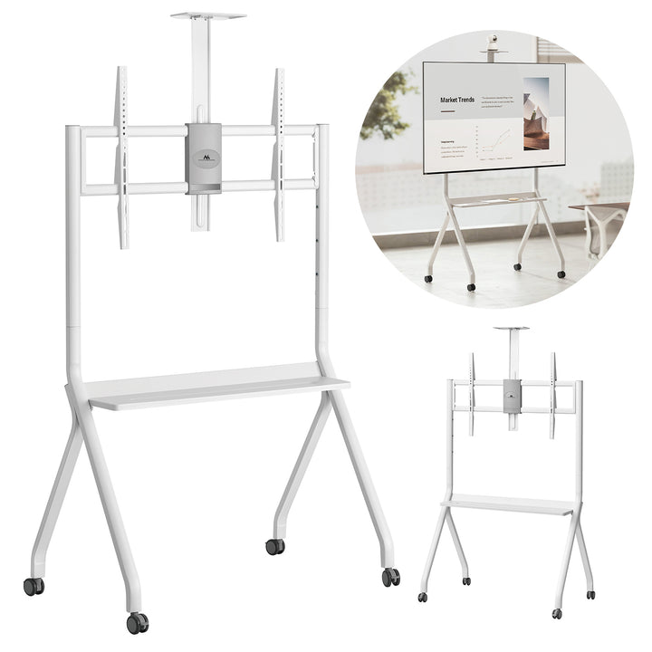 Maclean TV stand / cărucior, raft cameră, pe roți, 55-100", încărcare max. 120kg/10kg raft, max. VESA 900x600, alb, MC-114 W