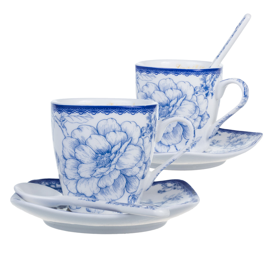 Set 2 cesti cu farfurioare si lingurite Queen Isabell Blue Roses, 80 ml, alb-albastru