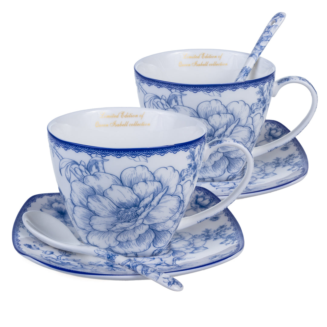 Set 2 cani cu farfurioare si lingurite Queen Isabell Blue Roses, 250 ml, alb-albastru