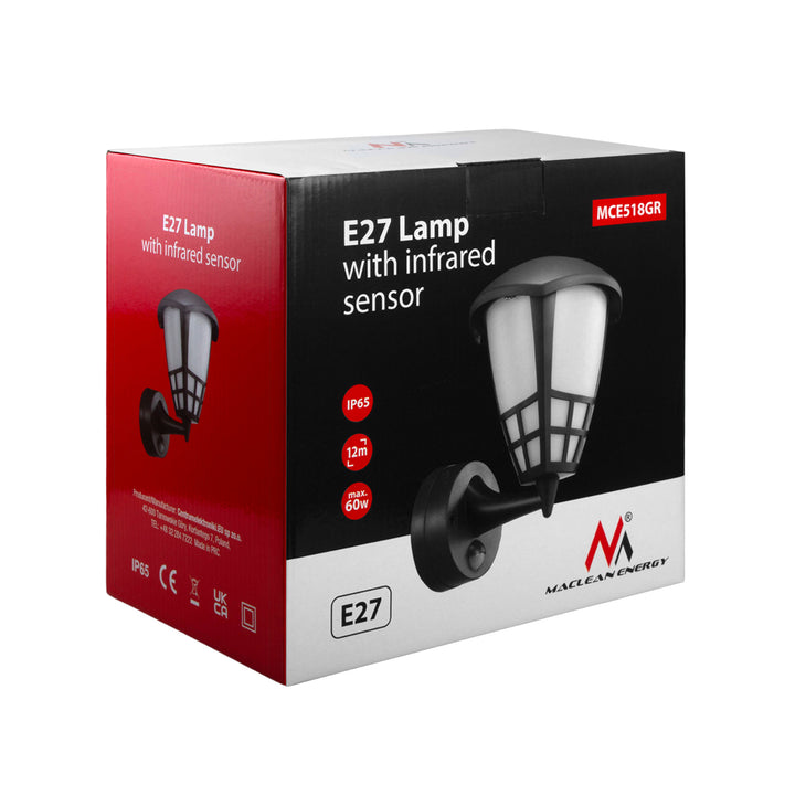 Lampă de perete 1xE27 cu senzor Maclean, senzor infraroșu, sarcină max. 60W, IP65, culoare gri, MCE518 GR + bec cu filament LED E27, 11W 230V Maclean Energy MCE280 WW alb cald 3000K 1500lm retro edison decorativ A6