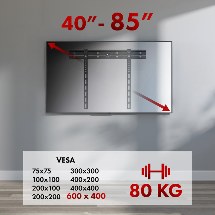 Maclean suport de perete ultra plat pentru TV, 40-85", max VESA 600x400, încărcare până la 80kg, MC-123