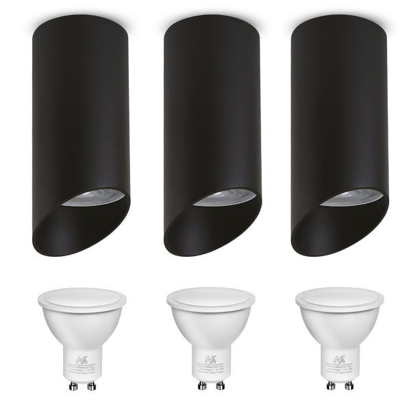 Set 3 spoturi tubulare Maclean, de suprafață/tub, rotund, aluminiu, GU10, 55x130mm, culoare neagră, MCE360 B + 3 becuri LED GU10 7W Maclean Energy MCE437 WW alb cald 3000K, 220-240V~, 50/60Hz