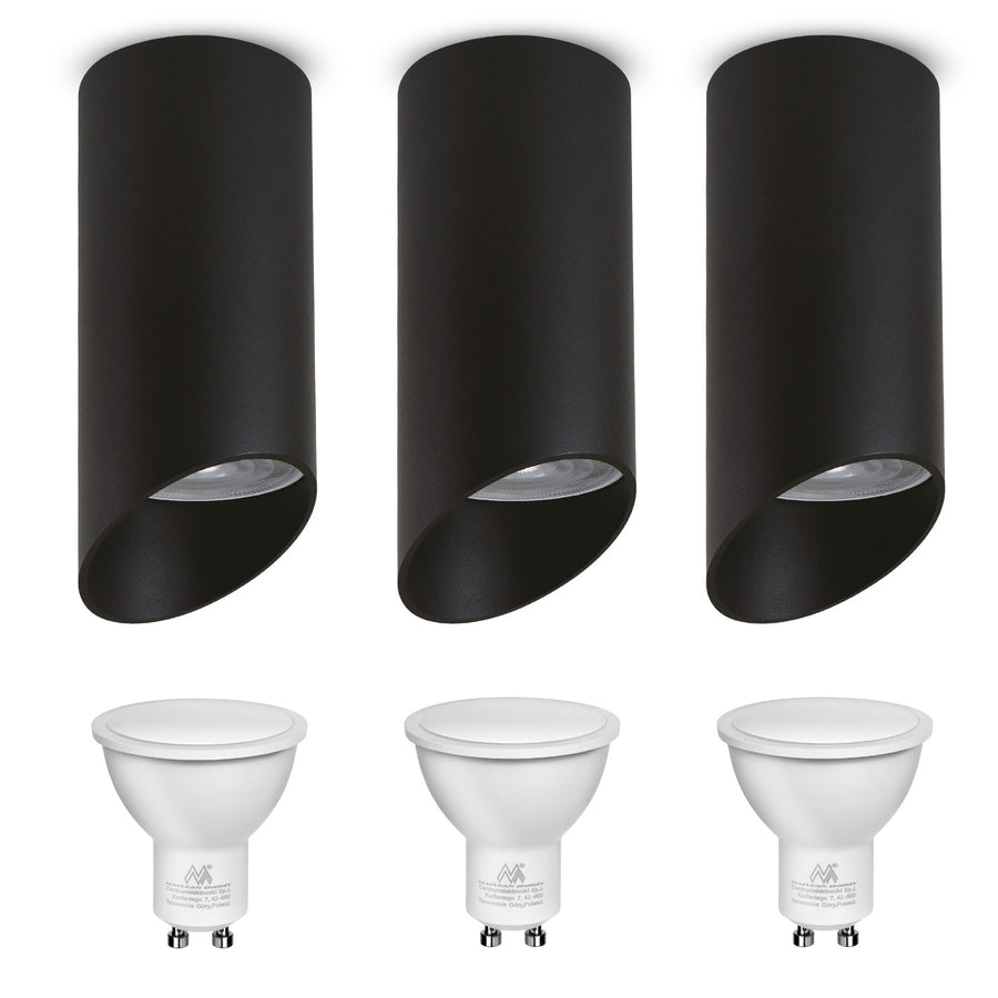 Set 3 spoturi tubulare Maclean, suprafață/tub, rotund, aluminiu, GU10, 55x130mm, culoare neagră, MCE360 B + 3 becuri LED GU10 7W Maclean Energy MCE437 NW alb neutru 4000K, 220-240V~, 50/60Hz