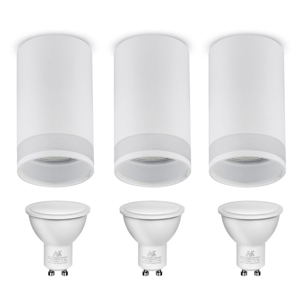 Set 3x spoturi tubulare Maclean, de suprafață/tub, rotund, aluminiu, GU10, 55x130mm, alb, MCE361 W + 3 becuri LED GU10 7W Maclean Energy MCE437 NW alb neutru 4000K, 220-240V~, 50/60Hz