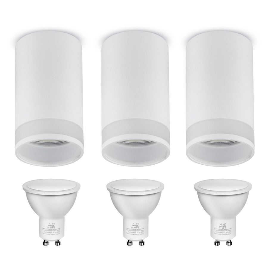 Set 3x spoturi tubulare Maclean, de suprafață/tub, rotund, aluminiu, GU10, 55x130mm, alb, MCE361 W + 3 becuri LED GU10 7W Maclean Energy MCE437 NW alb neutru 4000K, 220-240V~, 50/60Hz